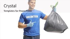  Presentation with plastic bag - Theme enhanced with humanitarian aid - young male volunteer background and a white colored foreground