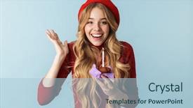  Presentation with birthday cake and candle - Theme enhanced with humble - image of attractive woman 20s background and a light blue colored foreground