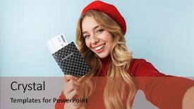  Presentation with passport travel - Theme consisting of humble - image of modest blond woman background and a red colored foreground