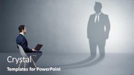  Presentation with offering advertising space in malls - Presentation theme with humble businessman staying and offering stuffs to a huge businessman shadow background and a gray colored foreground