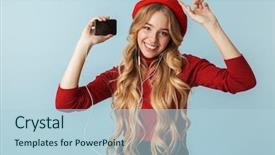  Presentation with studio music lowers - Presentation consisting of humbleness - photo of happy girl 20s background and a light blue colored foreground