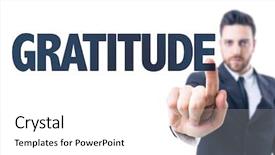  Presentation with gratitude - PPT theme having humility - business man pointing the text background and a white colored foreground