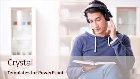  Presentation with audio book - Amazing PPT layouts having humming - young man reading book backdrop and a  colored foreground