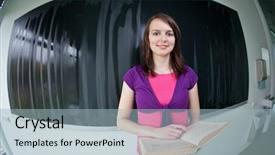  Presentation with math teacher - PPT theme consisting of humorous portrait of a pretty young college student young teacher standing in front of the chalkboard blackboard during a math class intentionally distorted perspective background and a light blue colored foreground