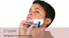  Presentation with shaving - Audience pleasing presentation design consisting of humorous shot of a young boy shaving backdrop and a coral colored foreground