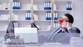  Presentation with clown - Slide deck consisting of humour - clown businessman talking on phone background and a light blue colored foreground