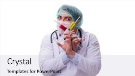 Presentation with syringe - Presentation featuring humour - funny doctor with syringe isolated background and a light blue colored foreground