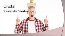  Presentation with stack books - PPT theme having humour - portrait of a happy schoolboy background and a white colored foreground