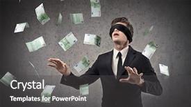  Presentation with blindfolded - Amazing presentation design having hundred-euro banknotes flying backdrop and a dark gray colored foreground