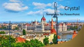  Presentation with green building - Slide deck featuring hungarian parliament building at danube background and a light blue colored foreground