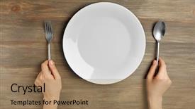  Presentation with cutlery - Audience pleasing PPT theme consisting of hunger - female hands with cutlery backdrop and a coral colored foreground