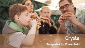  Presentation with burgers - Colorful slide set enhanced with hunger - happy family eating burgers sitting backdrop and a coral colored foreground