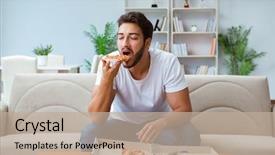  Presentation with eating disorders anorexia - Theme with hunger - man eating pizza having background and a mint green colored foreground