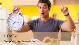  Presentation with food - Presentation theme having hunger - young man in unhealthy food background and a coral colored foreground