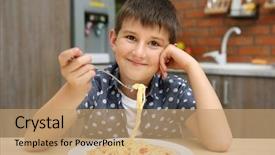 Presentation with spaghetti - Colorful presentation design enhanced with hunger child - cute boy eating spaghetti backdrop and a coral colored foreground
