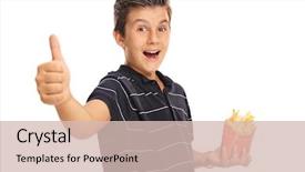  Presentation with giving - Cool new slide deck with hunger child - delighted boy giving a thumb backdrop and a soft green colored foreground