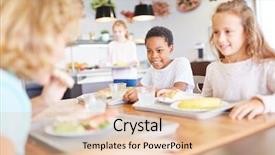  Presentation with school lunch - Slide set having hunger child - happy children having lunch together background and a lemonade colored foreground