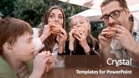  Presentation with restaurant family - Slides enhanced with hunger child - hungry family eating hamburgers sitting background and a tawny brown colored foreground