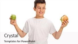  Presentation with kid unity - Amazing PPT theme having hunger child - indecisive kid holding an apple backdrop and a lemonade colored foreground