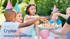  Presentation with children birthday - Slide set with hunger child - interracial children children with cake background and a sky blue colored foreground