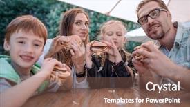  Presentation with restaurant family - Amazing slide deck having hunger child - modern family eating hamburgers sitting backdrop and a violet colored foreground