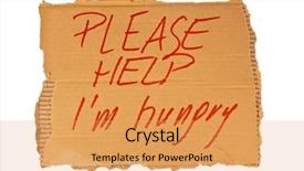  Presentation with homeless - Presentation theme having sign of a homeless man out of cardboard isolated on white background background and a yellow colored foreground