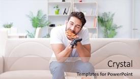  Presentation with pizza - Theme having hunger games - man eating pizza having background and a soft green colored foreground