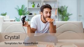  Presentation with pizza - Beautiful slide deck featuring hunger games - man eating pizza having backdrop and a coral colored foreground
