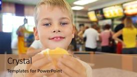  Presentation with hamburger - PPT theme consisting of hungry child - boy eats hamburger background and a coral colored foreground