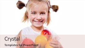  Presentation with fresh cut fruits vegetables - PPT theme enhanced with hungry child - cute little girl with fruits background and a  colored foreground