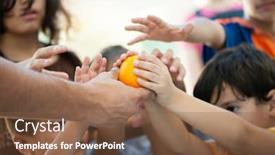  Presentation with charity - Presentation design with humanitarian - hungry children being fed background and a tawny brown colored foreground