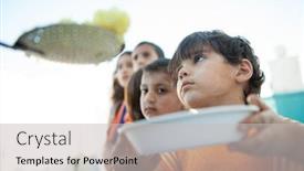  Presentation with charity - Colorful presentation theme enhanced with refugee - hungry children being fed backdrop and a light gray colored foreground