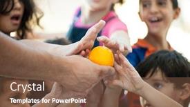  Presentation with charity - Colorful PPT theme enhanced with hungry children being fed by charity backdrop and a tawny brown colored foreground