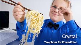  Presentation with fat - Audience pleasing slides consisting of hungry fat boy eating chinese noodles with sticks backdrop and a navy blue colored foreground