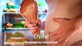  Presentation with fridge - Audience pleasing slide deck consisting of hungry fat man holding a big turkey leg in his hands and standing next to the open fridge unhealthy food backdrop and a red colored foreground