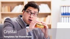  Presentation with junk food - Slide deck consisting of hungry-funny-businessman-eating-junk background and a gray colored foreground
