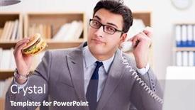  Presentation with junk food - Slide deck with hungry-funny-businessman-eating-junk background and a gray colored foreground