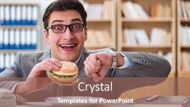  Presentation with junk food - Audience pleasing presentation design consisting of hungry funny businessman eating junk food sandwich backdrop and a coral colored foreground