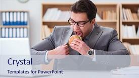  Presentation with junk food - Colorful presentation theme enhanced with hungry funny businessman eating junk food sandwich backdrop and a sky blue colored foreground