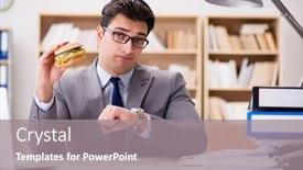  Presentation with junk food - Audience pleasing slide set consisting of hungry funny businessman eating junk food sandwich backdrop and a gray colored foreground