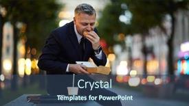  Presentation with parts - Theme having hungry man in suit eating his sandwich in hurry during short break between parts of business conference background and a ocean colored foreground