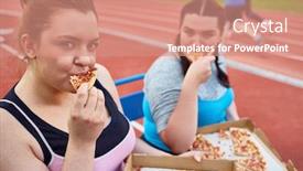  Presentation with obese - Beautiful slide deck featuring hungry obese women eating delicious takeout pizza after physical training backdrop and a coral colored foreground