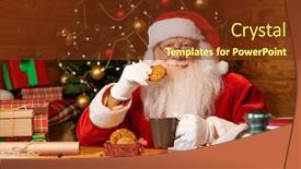  Presentation with milk tea - Amazing presentation having hungry santa in costume sitting by table and eating cookies with milk or tea while looking at camera backdrop and a tawny brown colored foreground