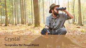  Presentation with hunting - Colorful PPT theme enhanced with hunter or district ranger with hunting dog looks through the binoculars in the forest backdrop and a coral colored foreground