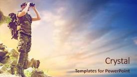  Presentation with backpack - PPT theme enhanced with hunting army military service background and a lemonade colored foreground