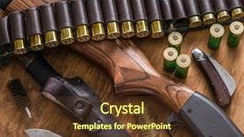 Presentation with hunting - Theme featuring hunting equipment - pump action shotgun background and a tawny brown colored foreground