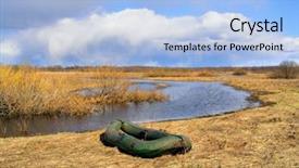 Presentation with rubber industry - PPT theme featuring hunting fishing - rubber boat ashore small river background and a  colored foreground