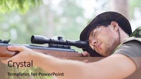  Presentation with shooting gun - PPT theme enhanced with hunting war army and people background and a coral colored foreground