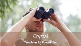  Presentation with binocular - Presentation design having hunting war army and people background and a coral colored foreground