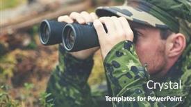  Presentation with binocular - Audience pleasing PPT layouts consisting of hunting war army and people concept - young soldier ranger or hunter with binocular observing forest backdrop and a dark gray colored foreground